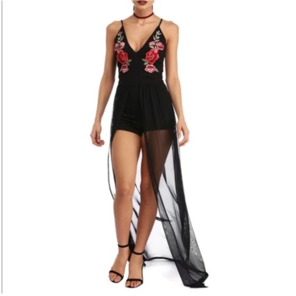 Black Sheer Overlay Romper with Floral Embroidery